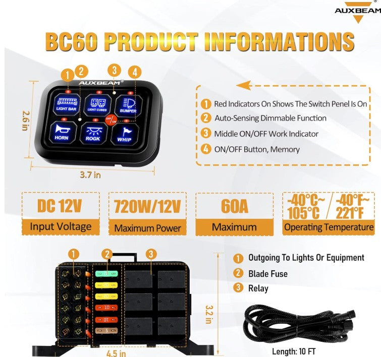 +2023 Colorado/Canyon USB USB-C Auxiliary Switch Panel + 6 Gang BLUE LED Switch Panel Auxbeam