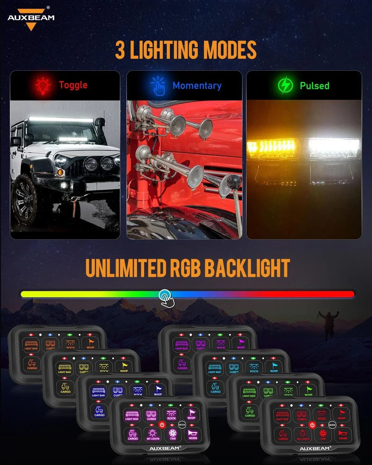 +2024 Tacoma/4Runner Switch panel mount (fit Auxbeam 8 Gang) + 8 Gang (AC-800) RGB