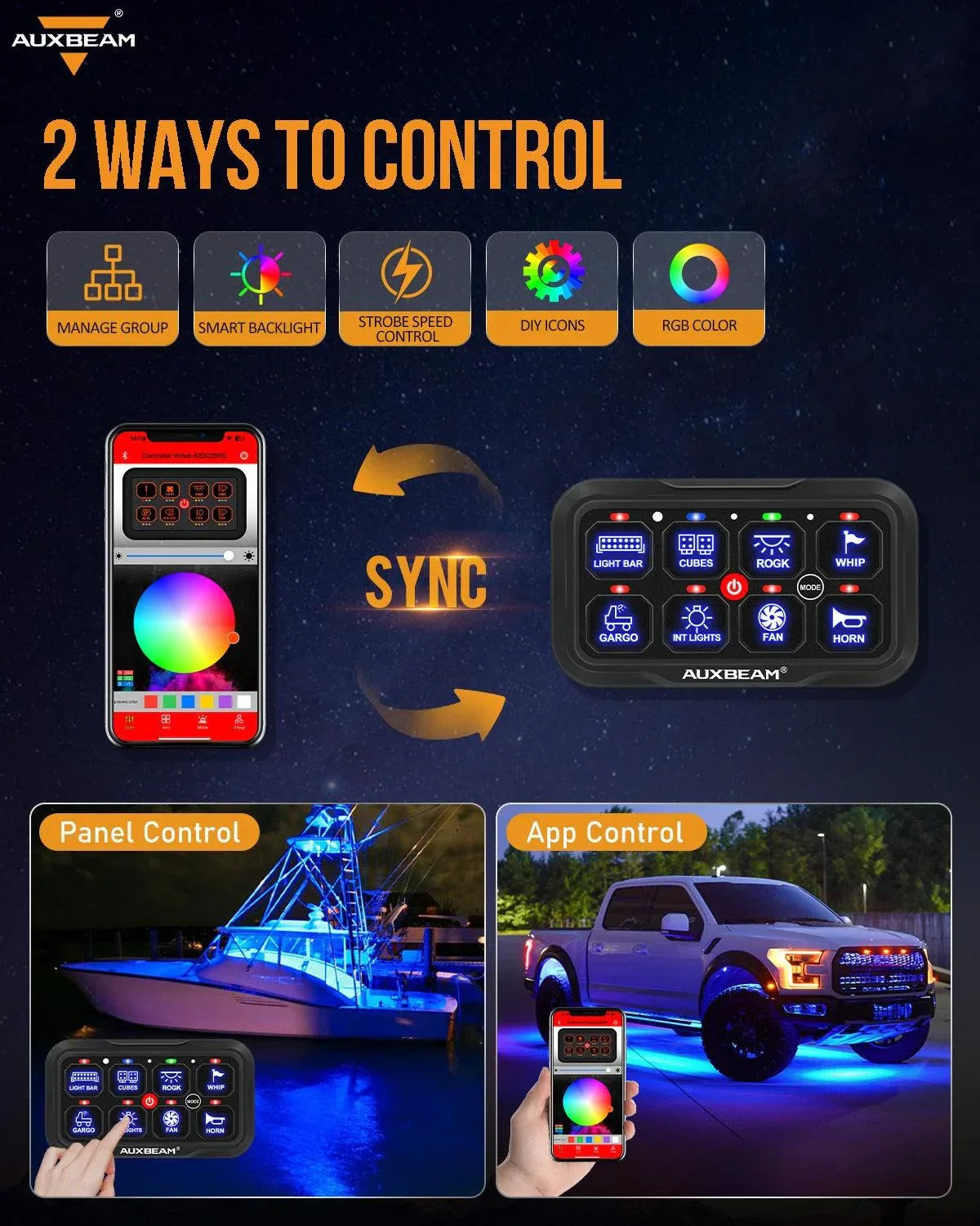 AR Series 8 Gang (AR-800) RGB Switch Panel with APP, Toggle/ Momentary/ Pulsed Mode Supported(One-Sided Outlet)