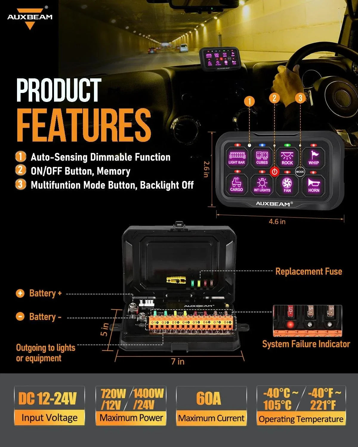 +2024 Tacoma/4Runner Switch panel mount (fit Auxbeam 8 Gang) + 8 Gang (AC-800) RGB